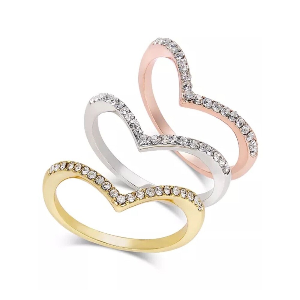 I.n.c. International Concepts Tri-Tone 3-Pc Set Crystal Chevron Stackable Rings,